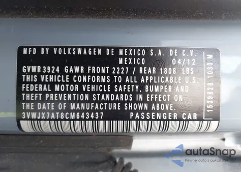 2012 Volkswagen Beetle 2.5L z USA, uszkodzony, nr VIN 3VWJX7AT8CM643437